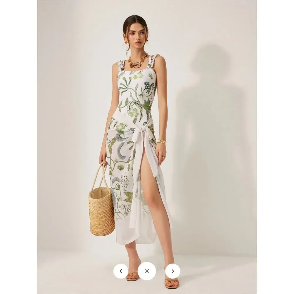 Commense Floral Print Ruffle Strap One-Piece Swimsuit and Skirt cover Up Sz L